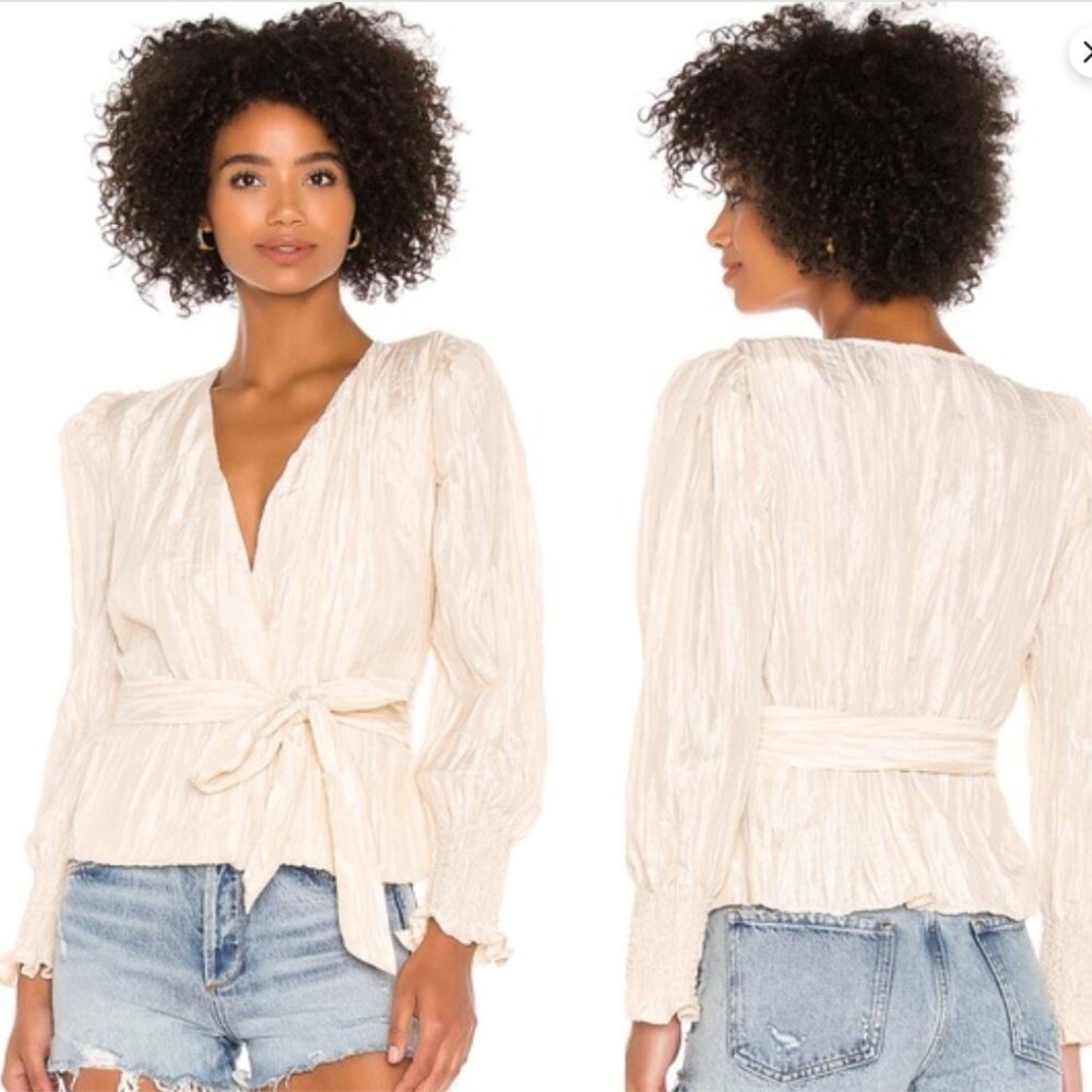 NWT NBD Chiara Top Womens Small Champagne Long Puffed Sleeve Tafetta Wrap Tie